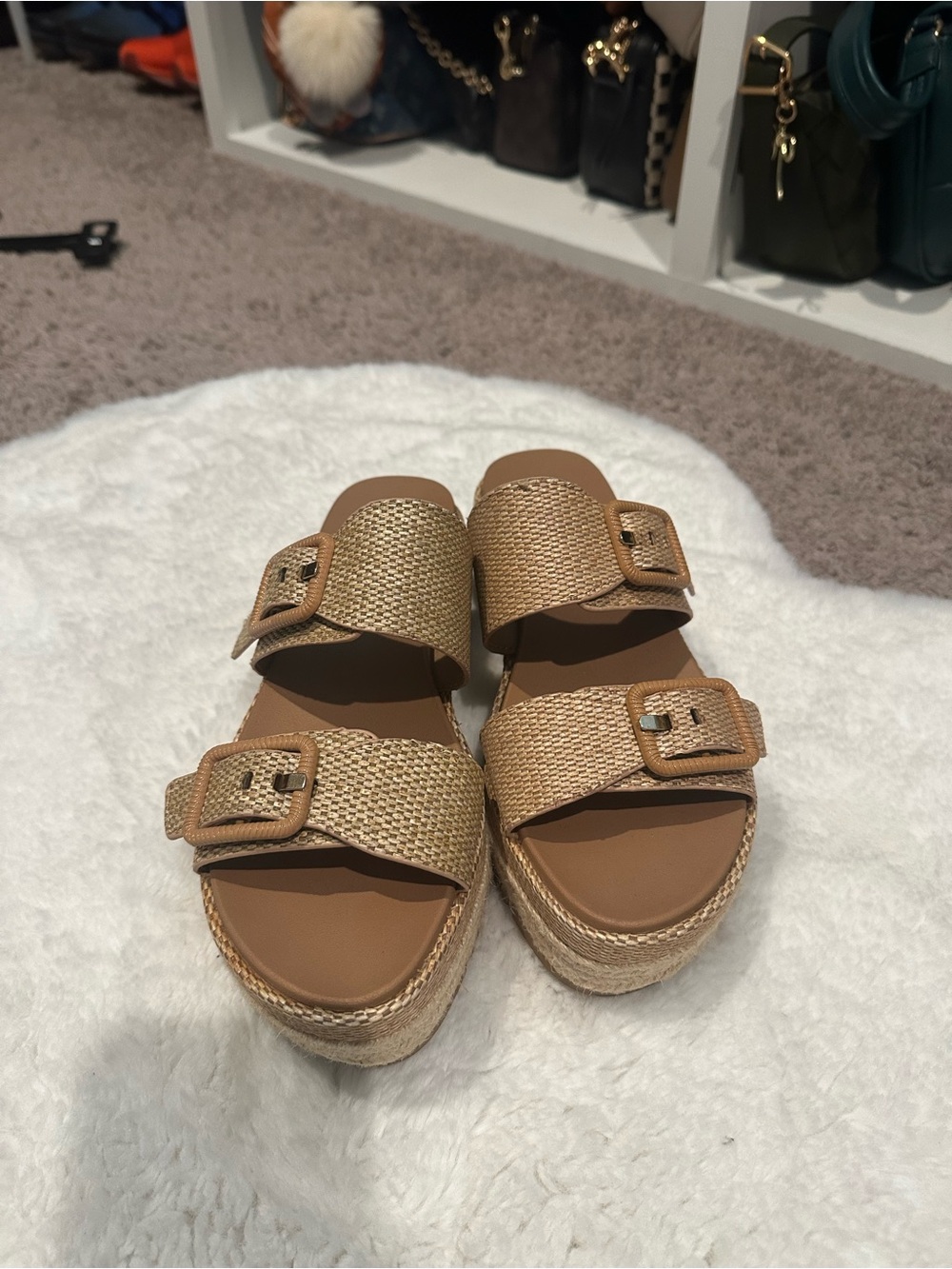 Soda Woven Buckle Platform Slide Sandals in Tan